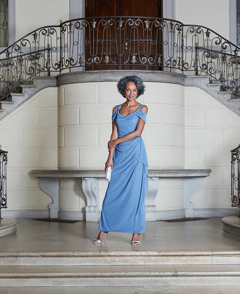 Alex Evenings Women's Cold-Shoulder Draped Metallic Gown