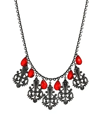 2028 Women's Black Tone Multi Filigree and Red Briolette Drop Necklace