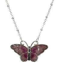 2028 Women's Silver Tone Purple and Black Enamel Butterfly Necklace