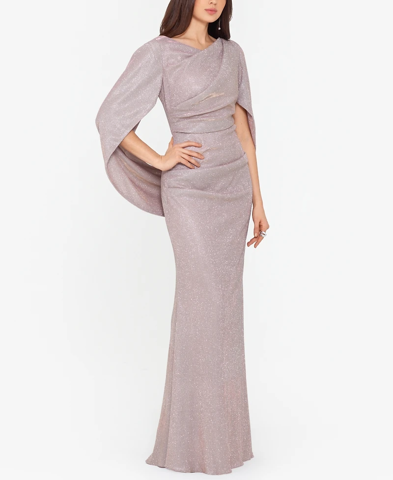 Betsy & Adam Glitter Drape-Back Cape Gown