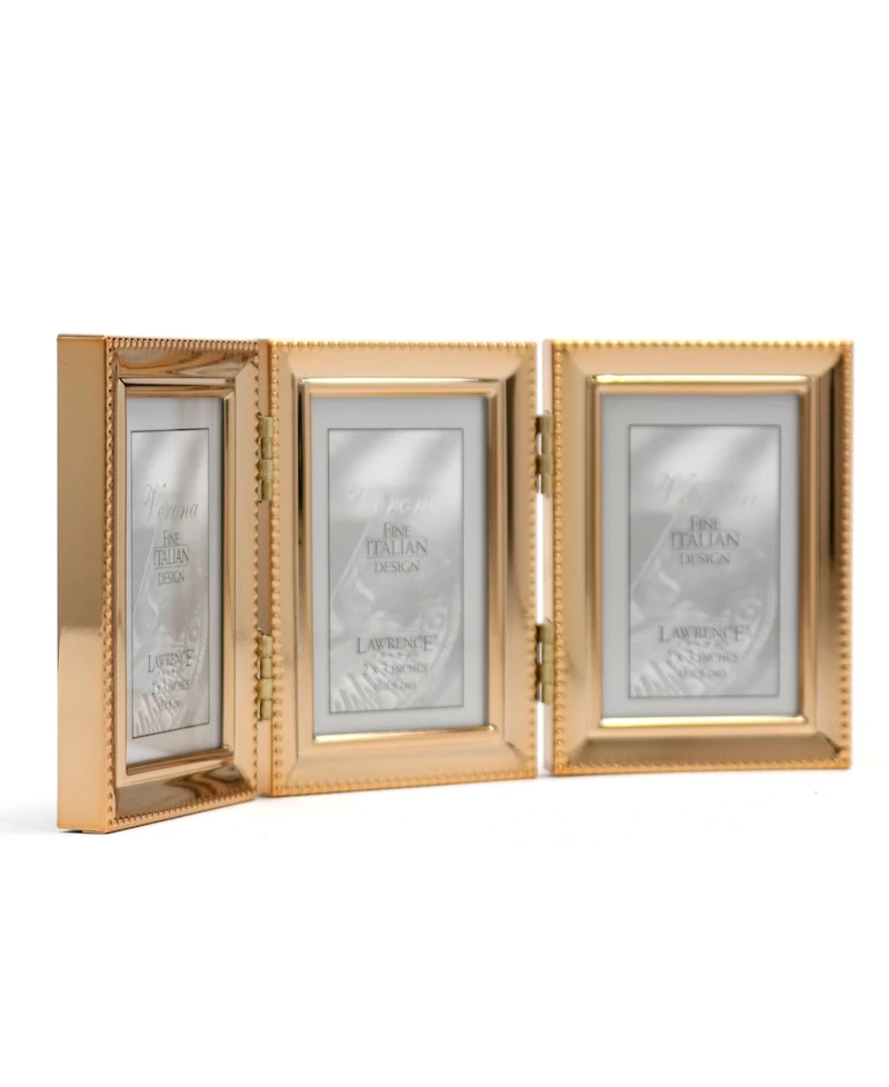 Polished Metal Hinged Triple Picture Frame - Bead Border Design