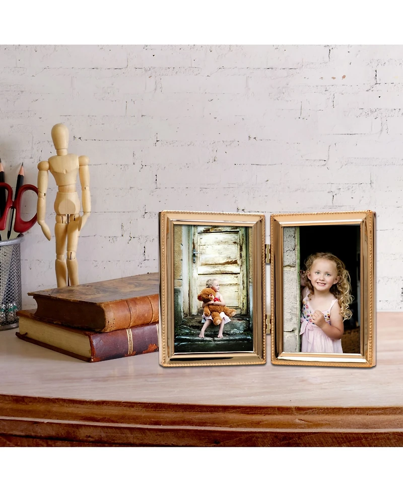 Polished Metal Hinged Double Picture Frame - Bead Border Design, 3.5" x 5"