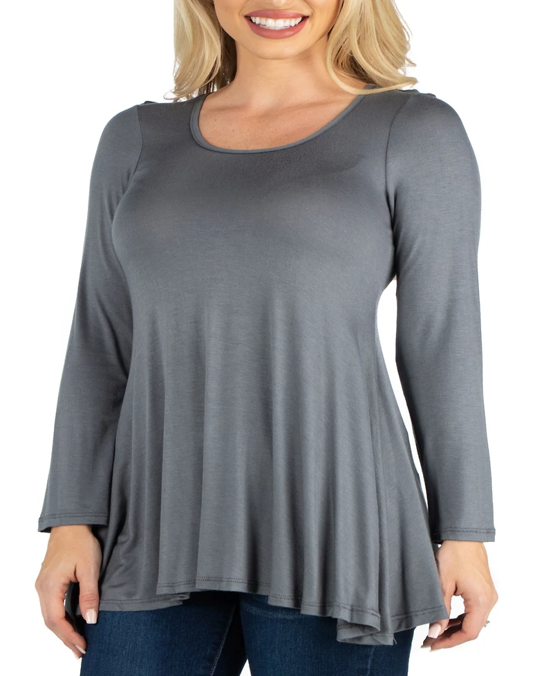 24Seven Comfort Apparel Long Sleeve Solid Color Swing Style Flared Tunic Top