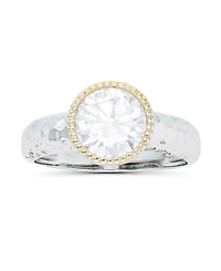 Cubic Zirconia Two Tone Milgrain Bezel Set Hammered Ring