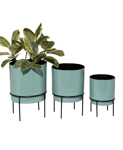 Set of 3 Teal Metal Contemporary Planter