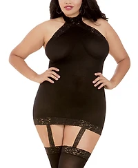 Dreamgirl Women's Plus Sheer Halter Garter Dress with Attached Garters and Stockings Lingerie Set