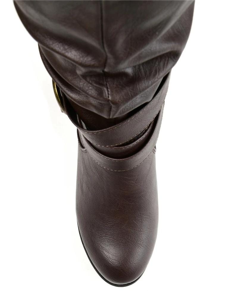 Journee Collection Women's Late Wide Calf Rouched Buckle Mid Shaft Block Heel Boots