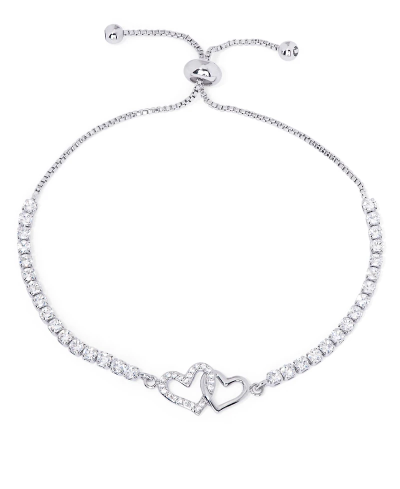 Cubic Zirconia Linked Hearts Adjustable Bolo Bracelet in Silver Plate