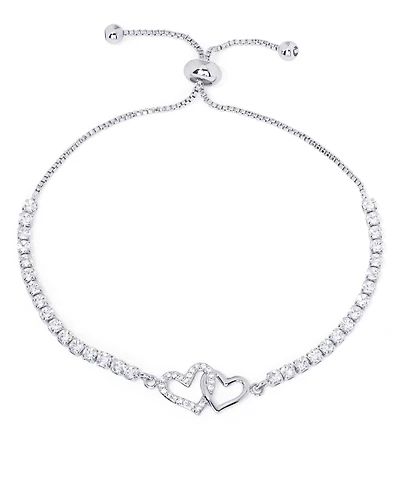 Cubic Zirconia Linked Hearts Adjustable Bolo Bracelet in Silver Plate