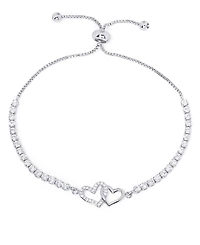 Cubic Zirconia Linked Hearts Adjustable Bolo Bracelet in Silver Plate