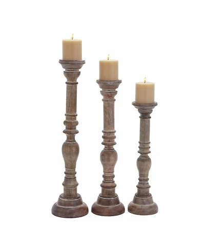 Set of 3 Brown Mango Wood Traditional Candle Holder, 24", 21", 17"