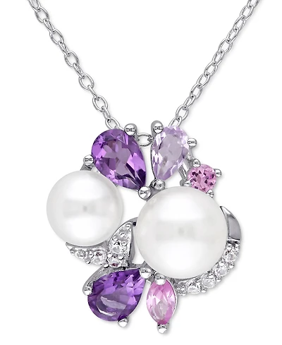 Cultured Freshwater Pearl (6-1/2 & 7-1/2mm) & Multi-Gemstone (1-3/8 ct. t.w.) Cluster 18" Pendant Necklace in Sterling Silver
