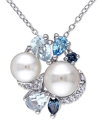 Cultured Freshwater Pearl (6-1/2 & 7-1/2mm) Multi-Gemstone (1-3/8 ct. t.w.) Cluster 18" Pendant Necklace Sterling Silver