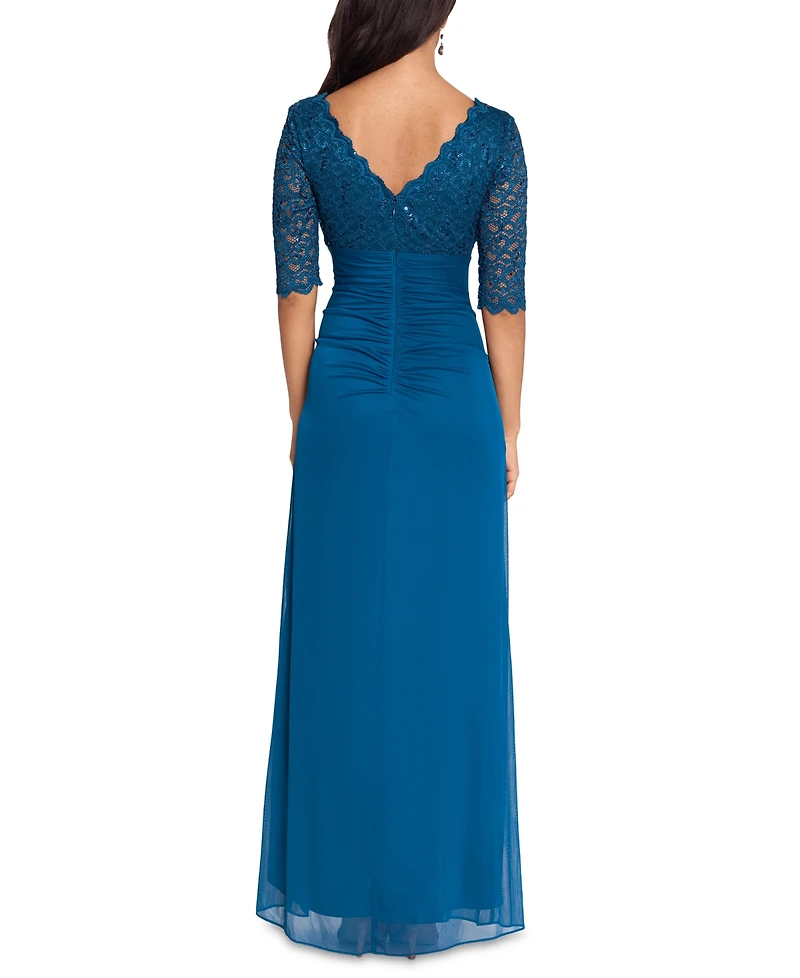 Betsy & Adam Petite V-Neck Lace-Bodice Gown
