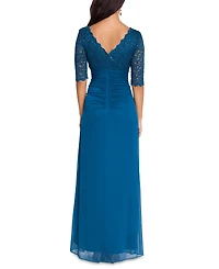 Betsy & Adam Petite V-Neck Lace-Bodice Gown