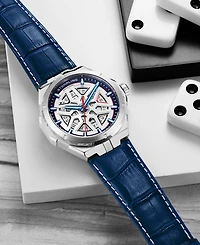 Men's Automatic Blue Alligator Embossed Genuine Leather Strap with White Stitching Watch 44mm