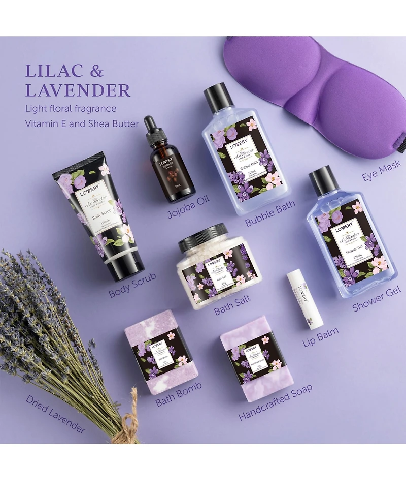 Lavender Lilac Bath Body Self Care Package Gift Basket, 12 Piece