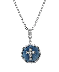 Silver-Tone Blue Enamel Crystal Cross Round Necklace