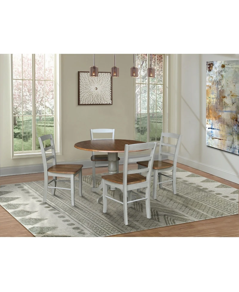 42" Dual Drop Leaf Pedestal Dining Table with 4 Madrid Ladderback Chairs, 5 Piece Dining Set