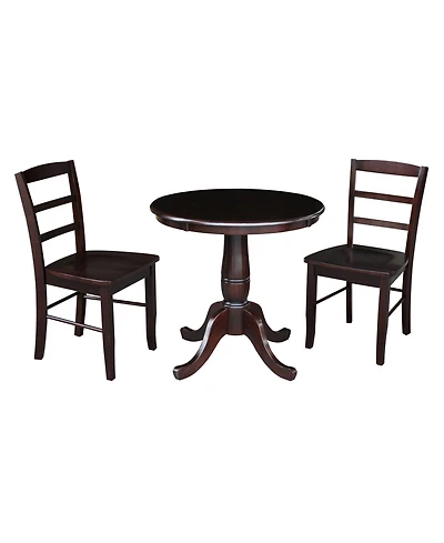 30" Round Top Pedestal Dining Table with 2 Madrid Ladderback Chairs, 3 Piece Dining Set