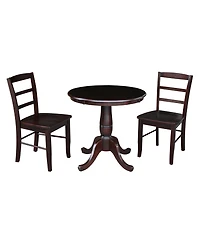 30" Round Top Pedestal Dining Table with 2 Madrid Ladderback Chairs, 3 Piece Dining Set