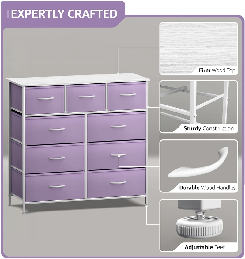 Sorbus 9 Drawers Dresser - Furniture Storage for Bedroom, Closet, Office Organization - Steel Frame, Wood Top, Fabric Bins