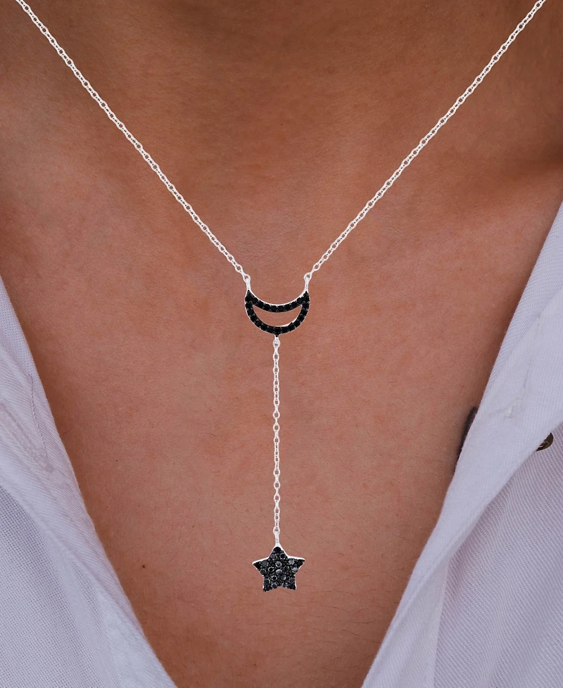 Black Spinel Moon & Star Lariat Necklace in Sterling Silver, 16" + 2" extender