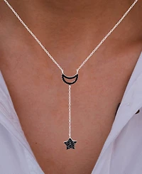 Black Spinel Moon & Star Lariat Necklace in Sterling Silver, 16" + 2" extender