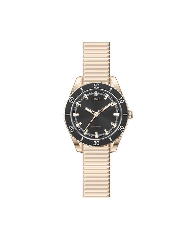 Jones New York Women's Genuine Diamond Black Dial and Rose Gold-Tone Expansion Metal Bracelet Analog Watch 34mm