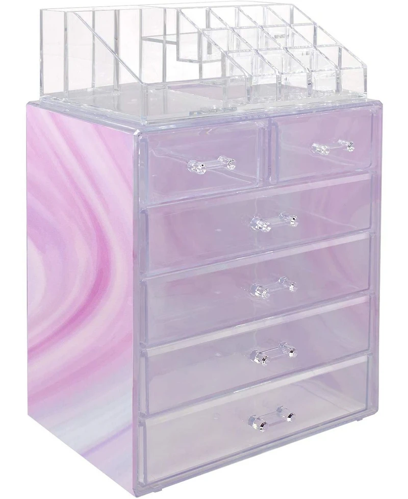 Sorbus 2 Piece Acrylic Makeup and Jewelry Storage Organizer Case (6 Drawers and Lipstick Tray) - Tie Dye Pink