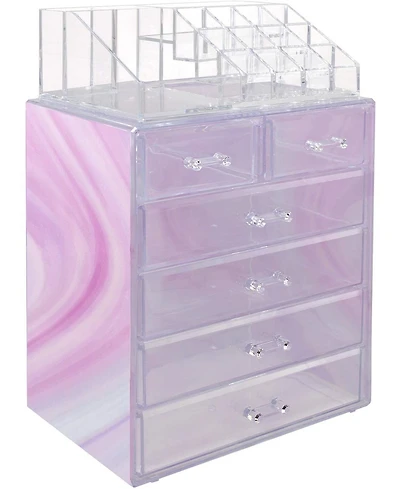 Sorbus 2 Piece Acrylic Makeup and Jewelry Storage Organizer Case (6 Drawers and Lipstick Tray) - Tie Dye Pink