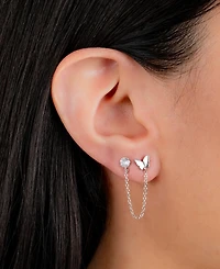 Cubic Zirconia Butterfly Double Piercing Chain Earrings in Sterling Silver