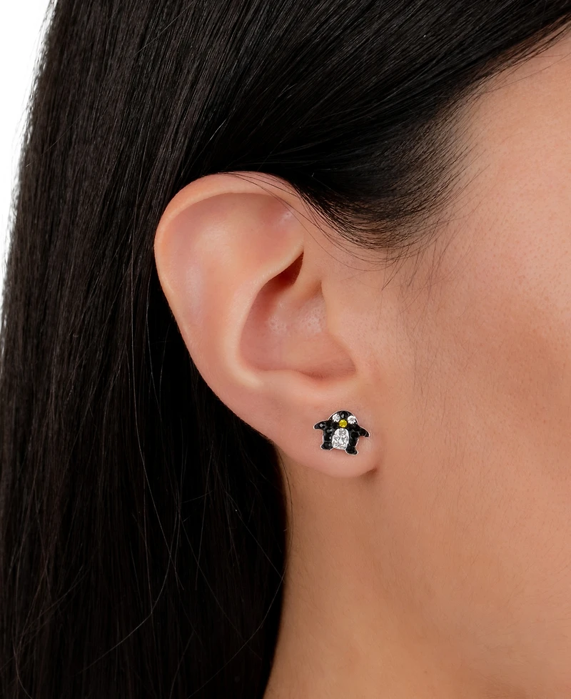 Black, White & Yellow Crystal Pave Penguin Stud Earrings in Sterling Silver