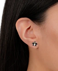 Black, White & Yellow Crystal Pave Penguin Stud Earrings in Sterling Silver