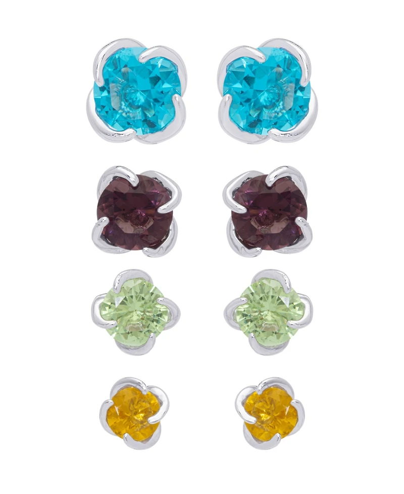 Multi-Color Round Stud Silver Plate Earrings, Set of 4