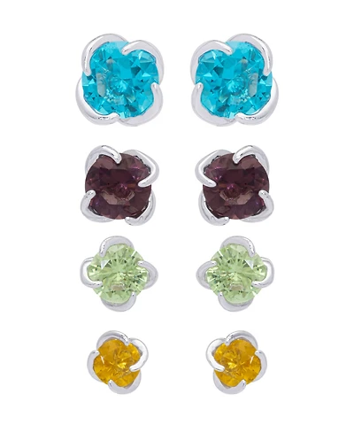 Multi-Color Round Stud Silver Plate Earrings, Set of 4