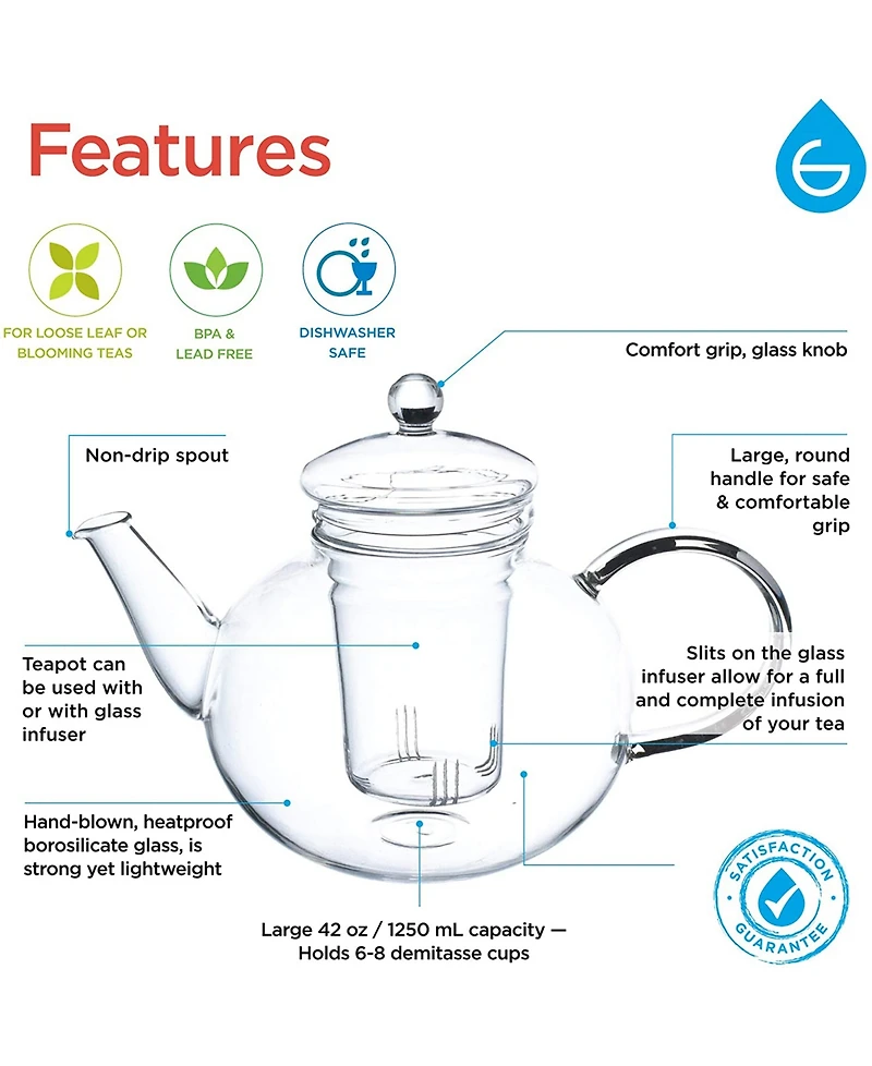 Grosche Monaco Glass Teapot with Glass Tea Infuser, 42 fl oz Capacity