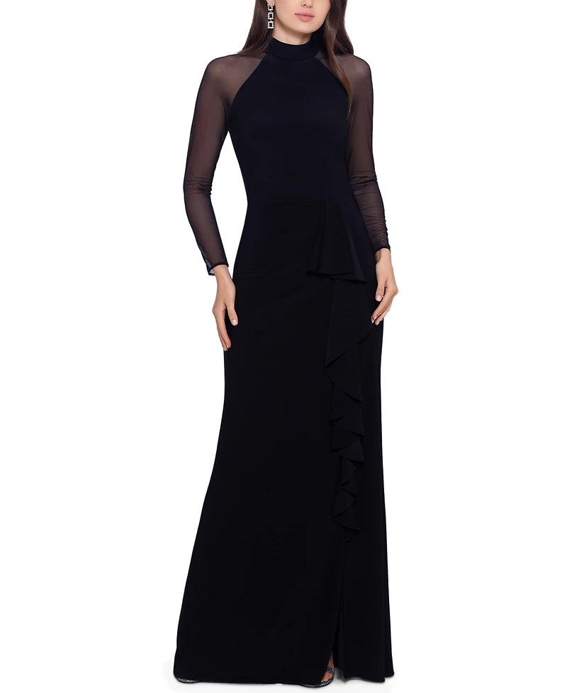 Betsy & Adam Petite Sheer-Sleeve Gown