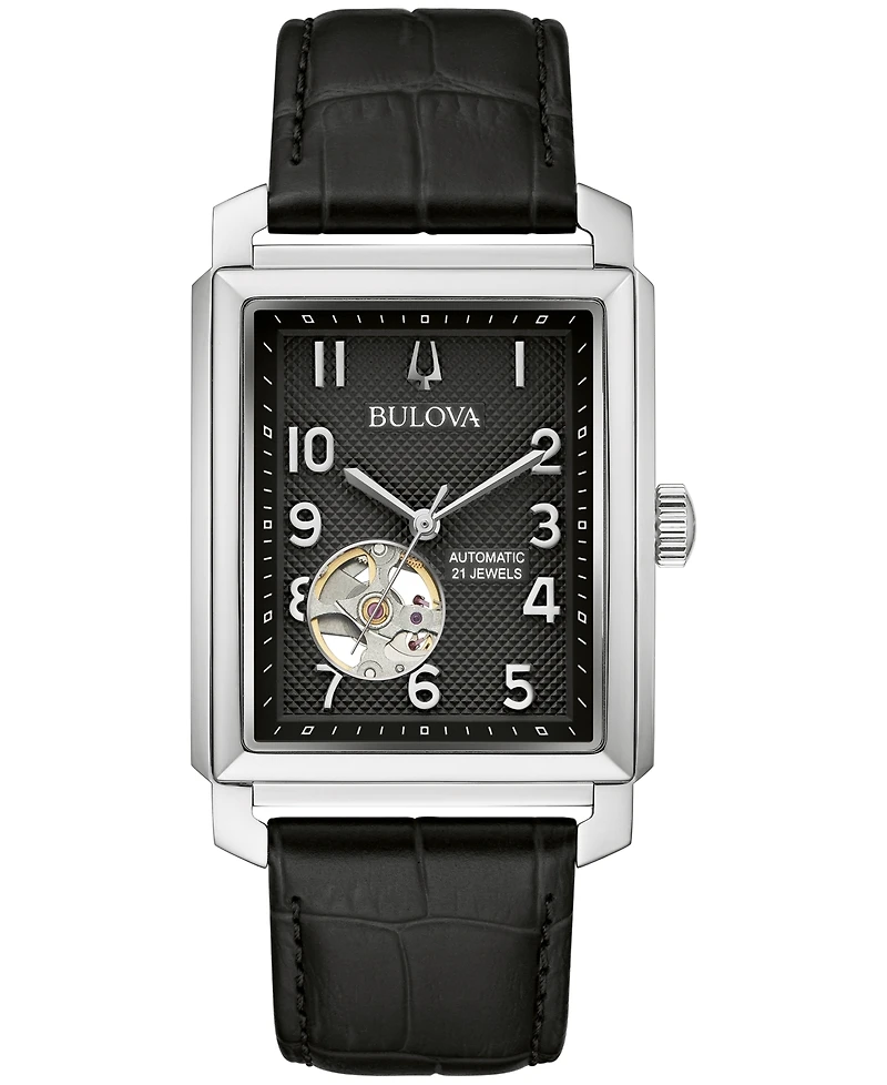 Bulova Men's Automatic Sutton Black Leather Strap Watch 33mm