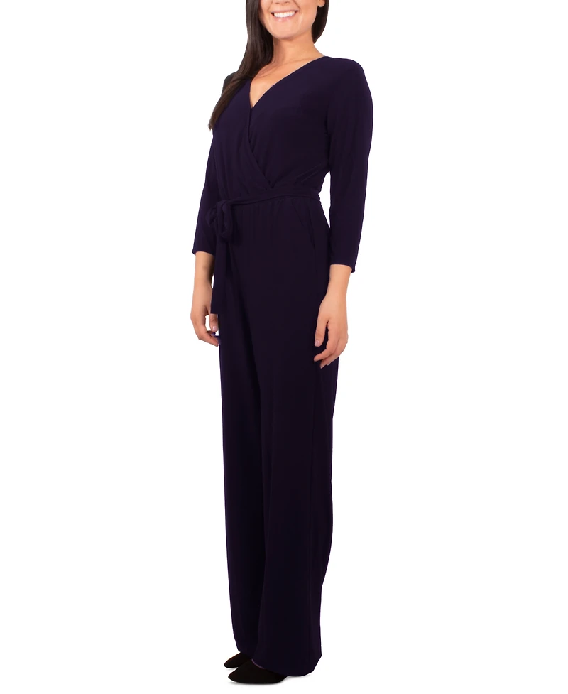 Ny Collection Petite 3/4 Sleeve Belted Wide Leg Jumpsuit