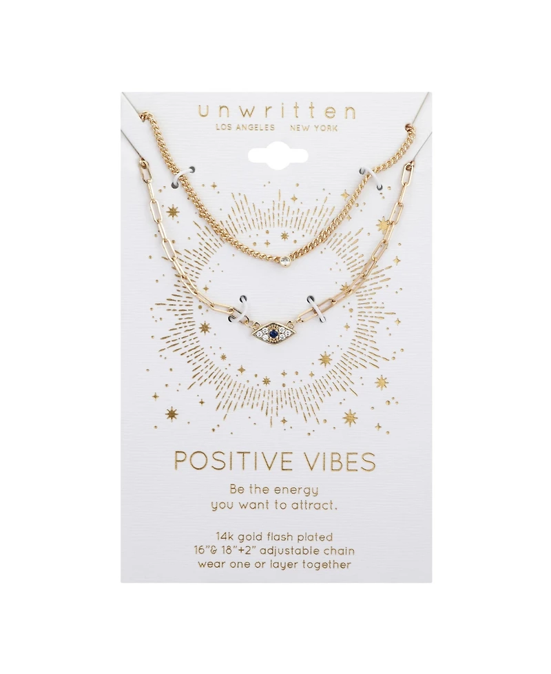 Gold Flash Plated Cubic Zirconia Evil Eye Layered Necklace, 16+2" Extender
