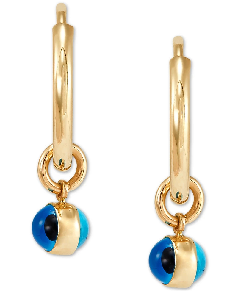 Evil Eye Glass Bead Dangle Hoop Earrings in 10k Gold