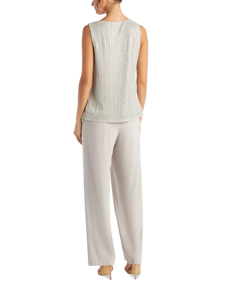 R & M Richards Petite 3-Pc. Metallic Jacket, Necklace Top Pants Set