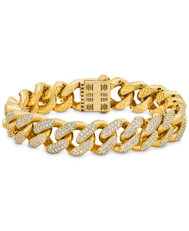 Men's Cubic Zirconia Curb Link Chain Bracelet in 24k Gold-Plated Sterling Silver