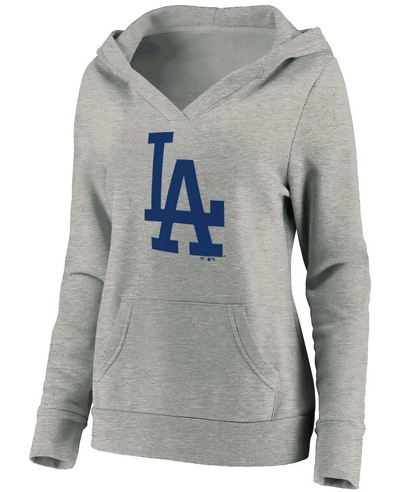 Plus Size Heathered Gray Los Angeles Dodgers Official Logo Crossover V-Neck Pullover Hoodie