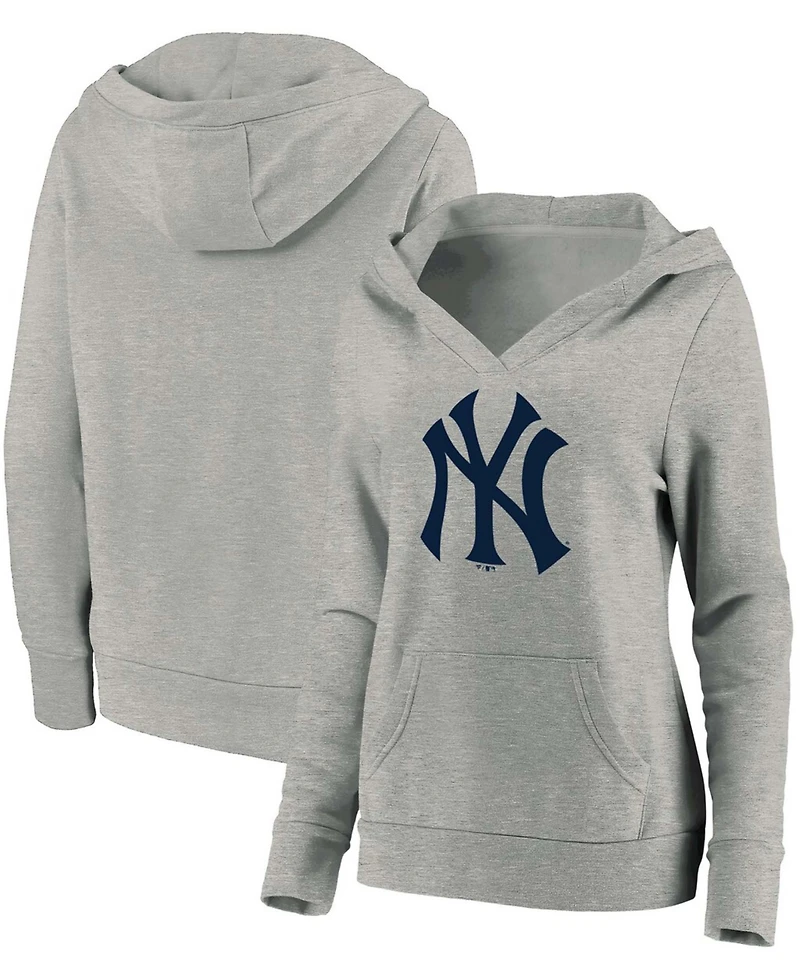 Plus Size Heathered Gray New York Yankees Official Logo Crossover V-Neck Pullover Hoodie