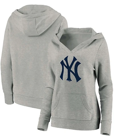 Plus Size Heathered Gray New York Yankees Official Logo Crossover V-Neck Pullover Hoodie