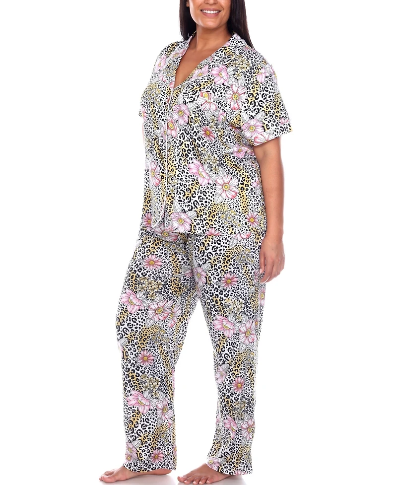 White Mark Plus Short Sleeve Pants Tropical Pajama Set, 2-Piece