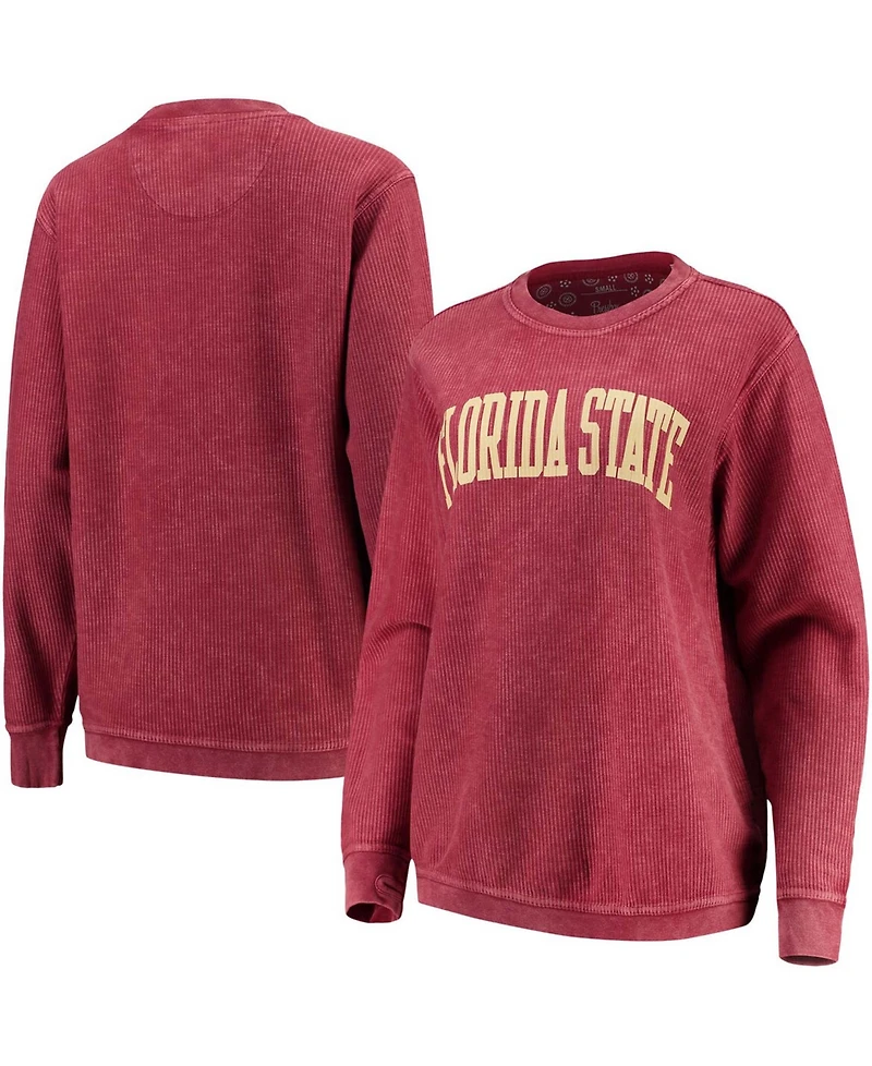 Women's Garnet Florida State Seminoles Comfy Cord Vintage-Like Wash Basic Arch Pullover Sweatshirt