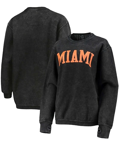 Women's Black Miami Hurricanes Comfy Cord Vintage-Like Wash Basic Arch Pullover Sweatshirt